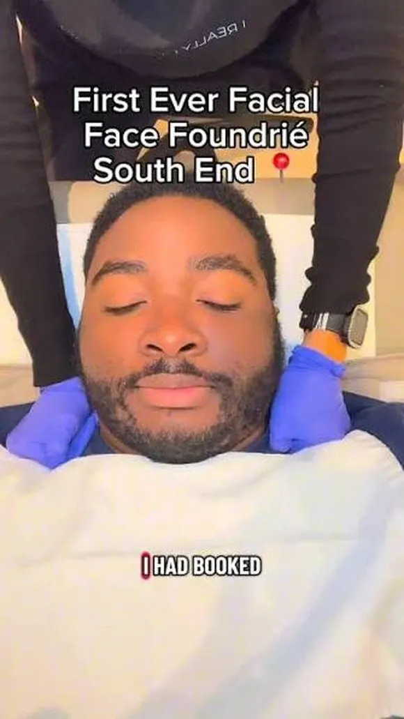 Man getting his first facial, captioned First Ever Facial Face Foundrié South End