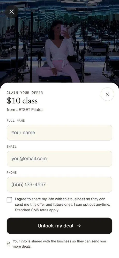 Phone screen showing a claim-your-offer form for a $10 JETSET Pilates class