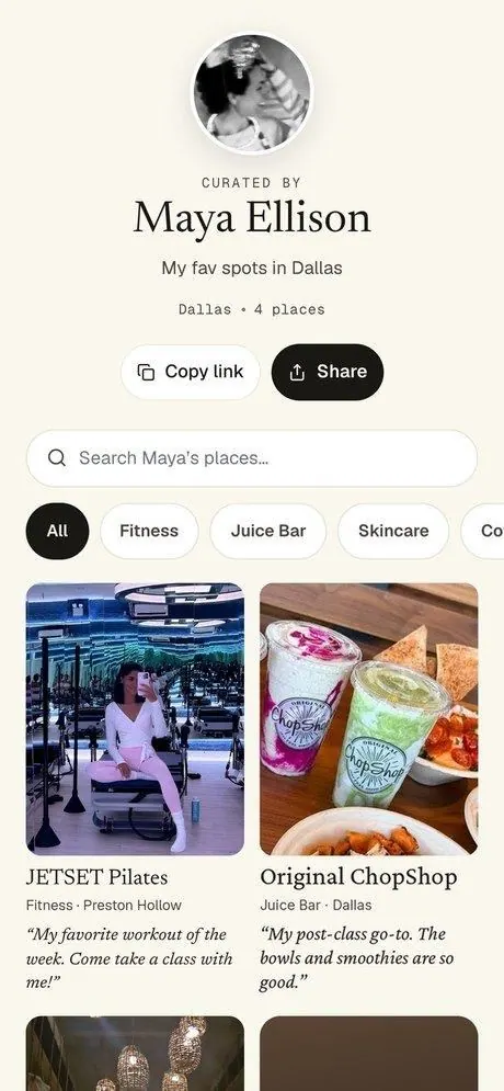 Phone screen showing Maya's Local Edit of favorite spots in Dallas