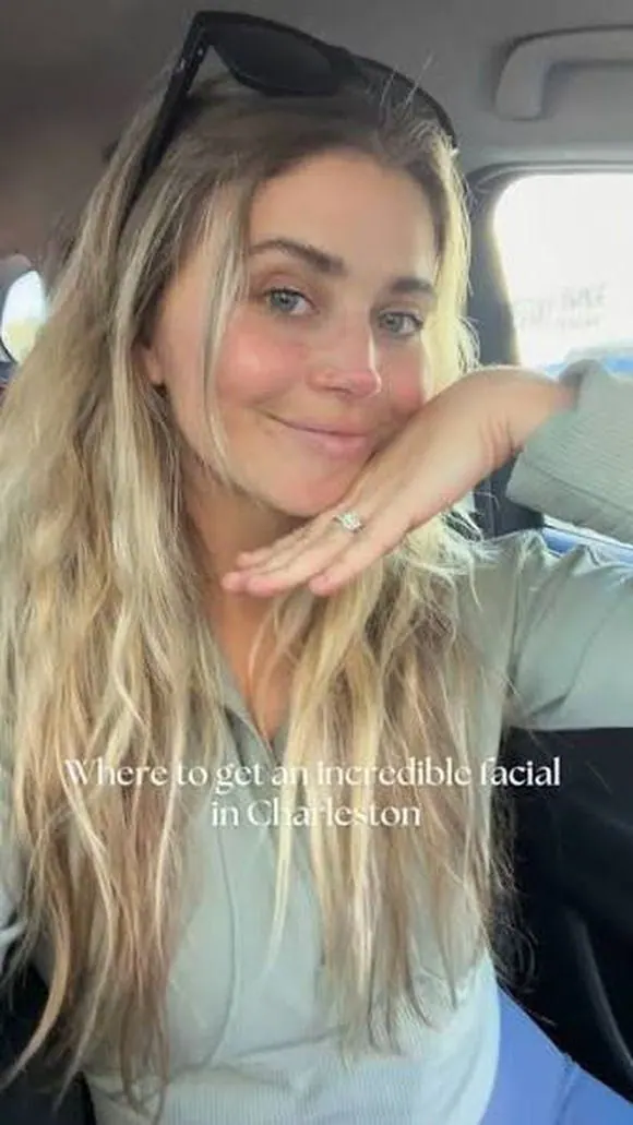 Smiling creator in her car, captioned where to get an incredible facial in Charleston